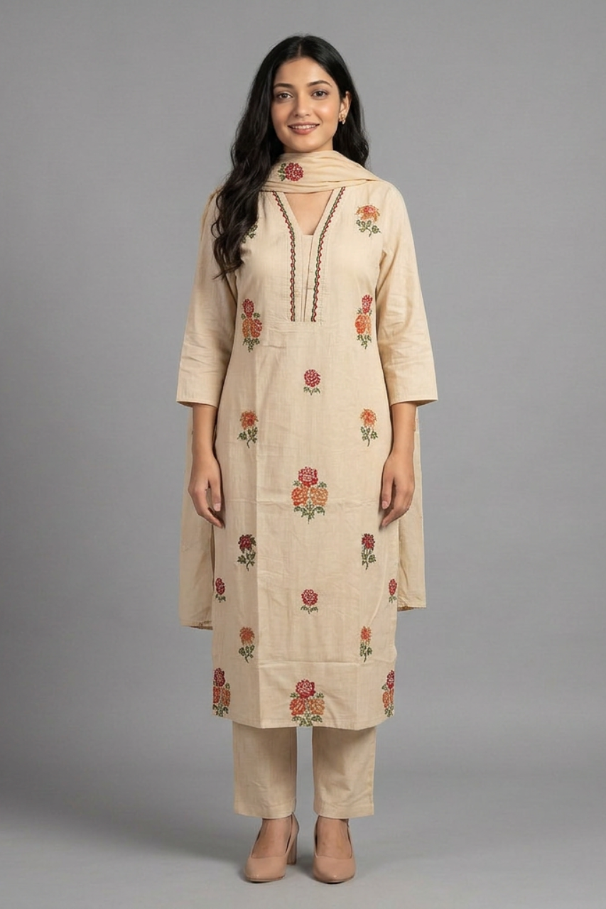 Elegant Pure Cotton Kurti Set with Khatha Work