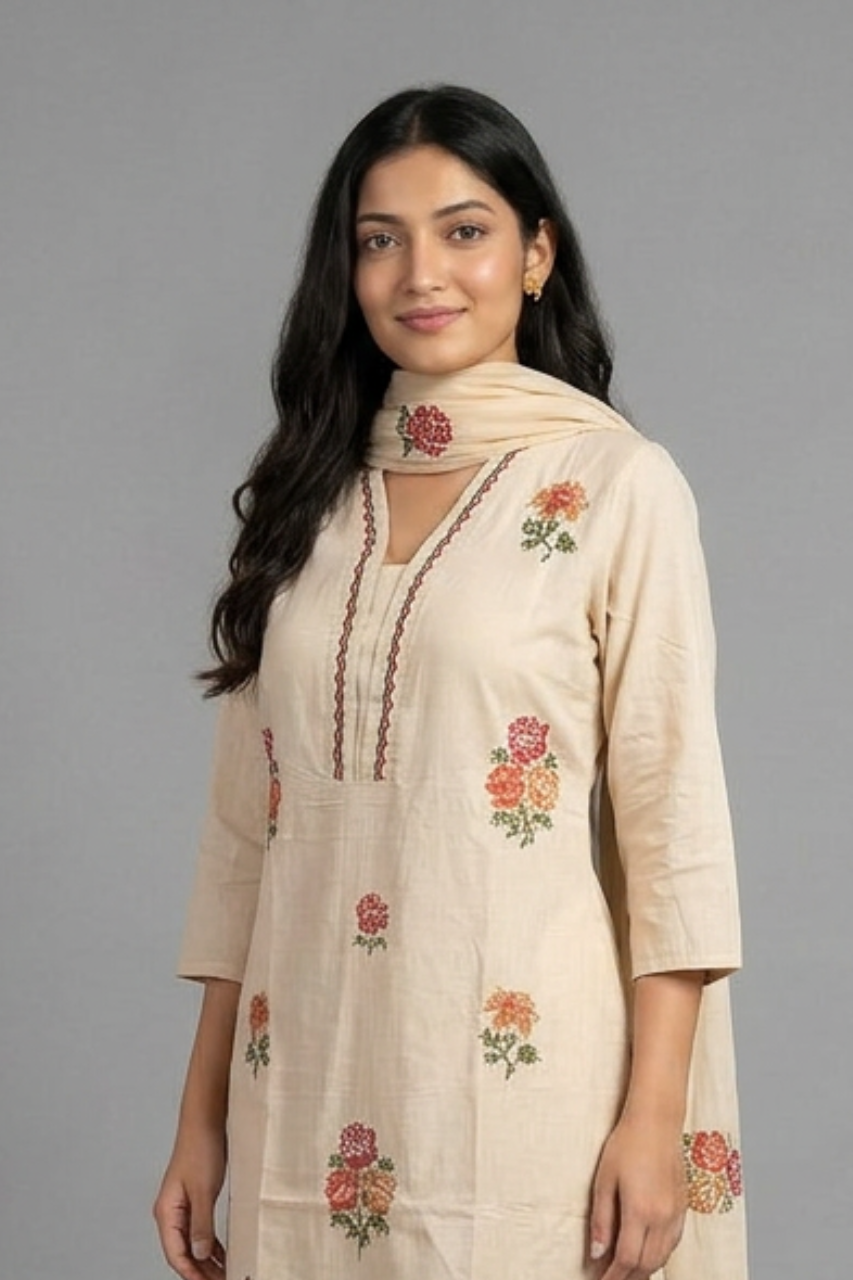 Elegant Pure Cotton Kurti Set with Khatha Work