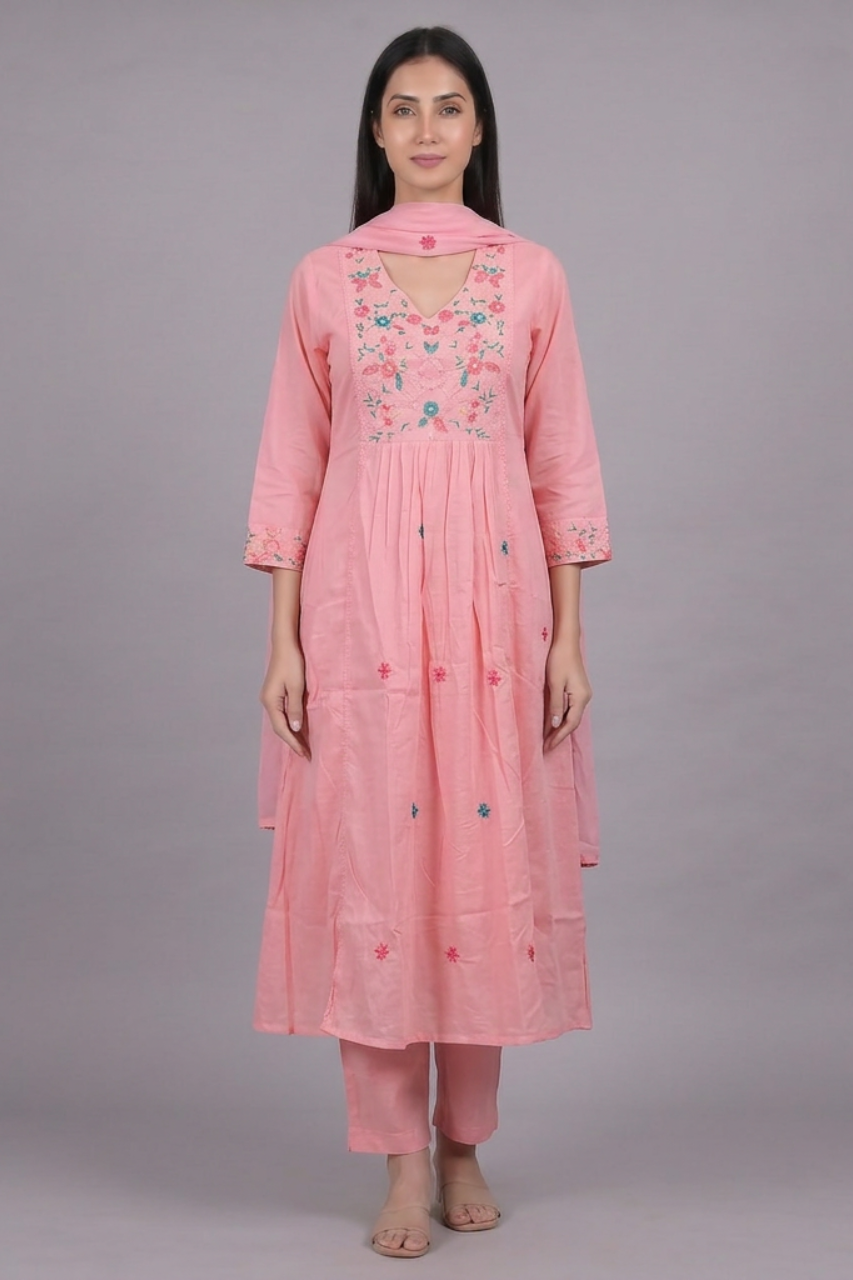 Pure Mul Chanderi Kurti Set with Elegant Machine Work