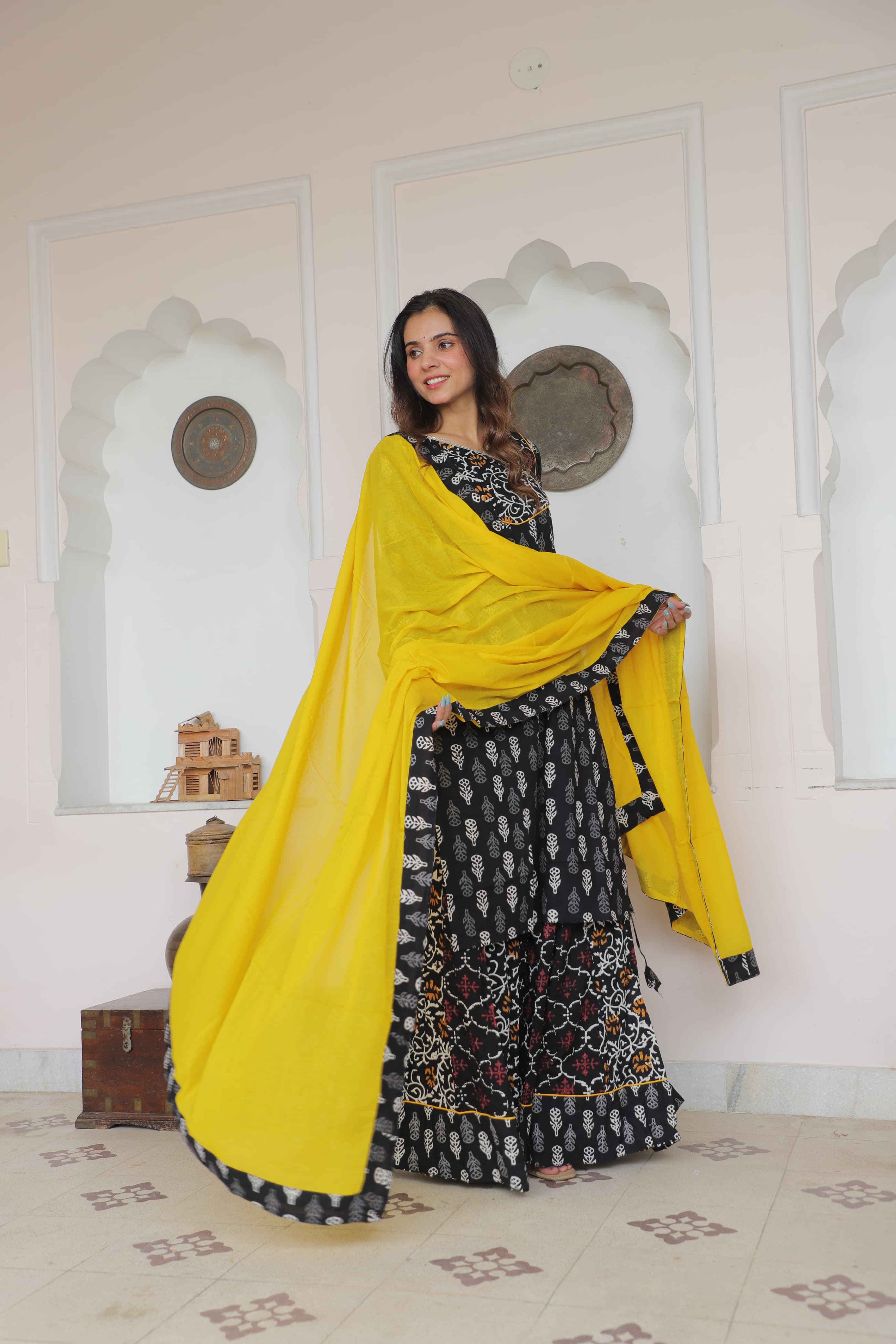 Black & Yellow Cotton Kaftan – Handblock Polka with Dupatta Style
