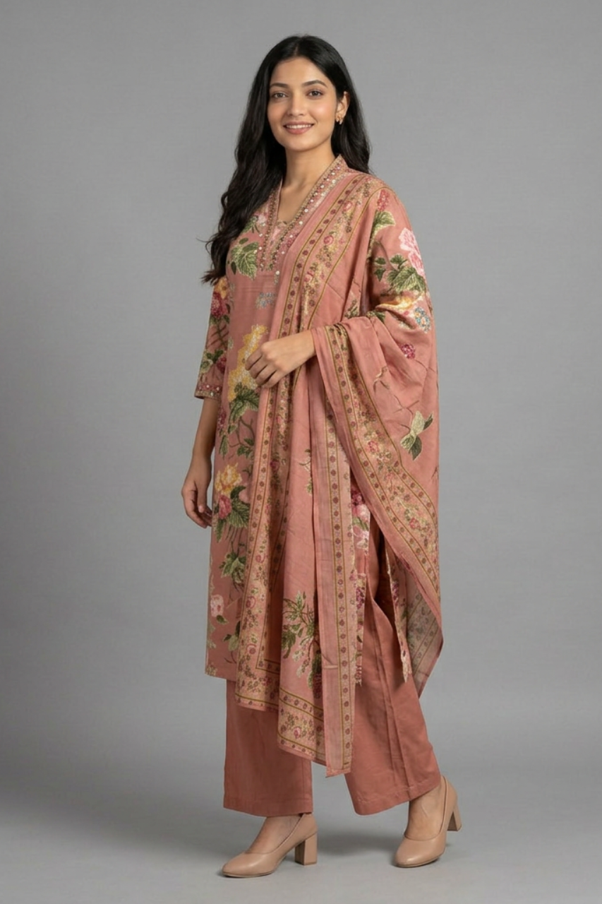 Dusty Rose Floral Cotton Kurta Set