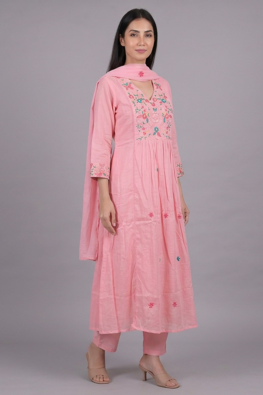 Pure Mul Chanderi Kurti Set with Elegant Machine Work