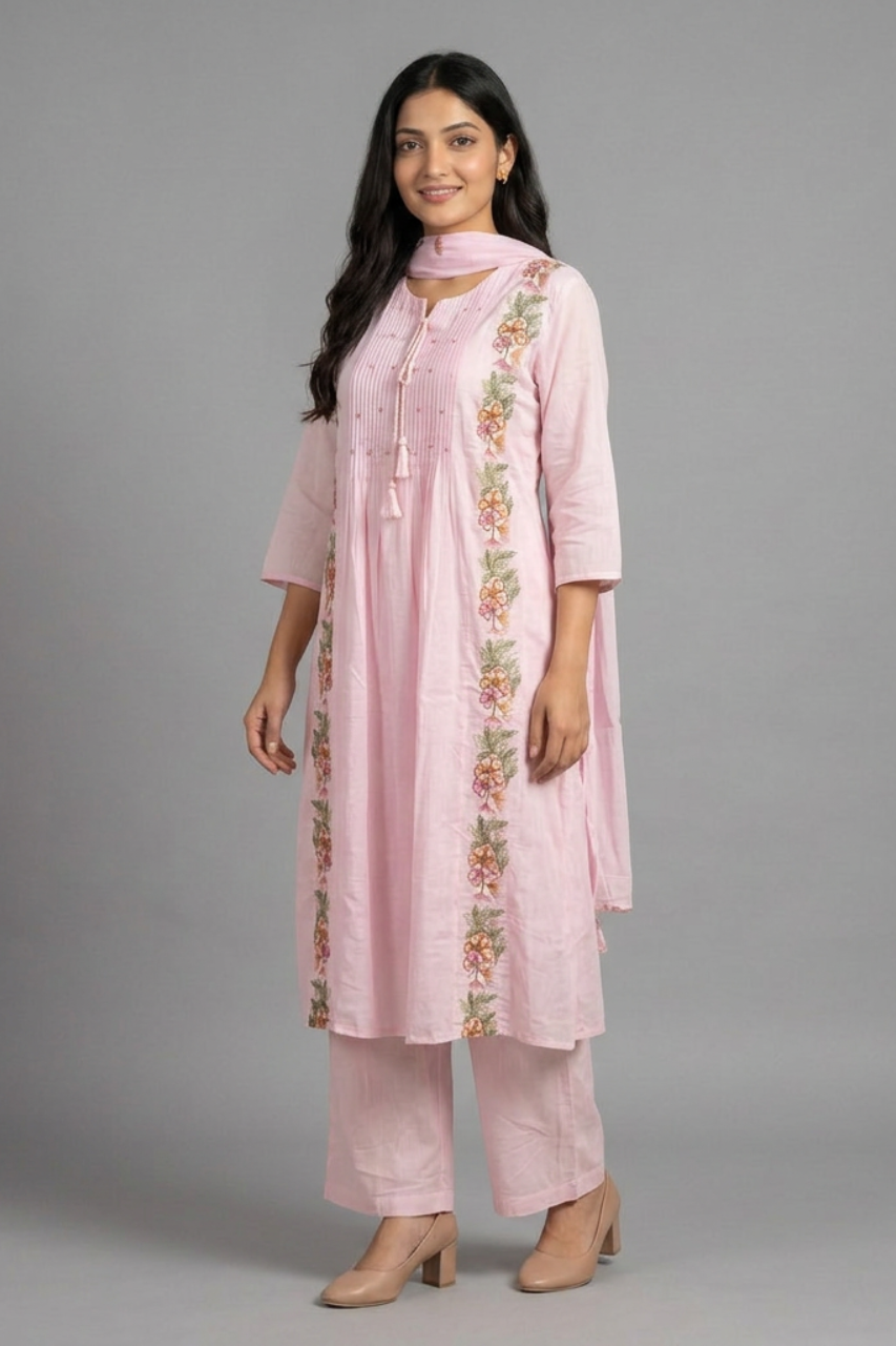 Elegant Baby Pink A-Line Pintuck Cotton Suit