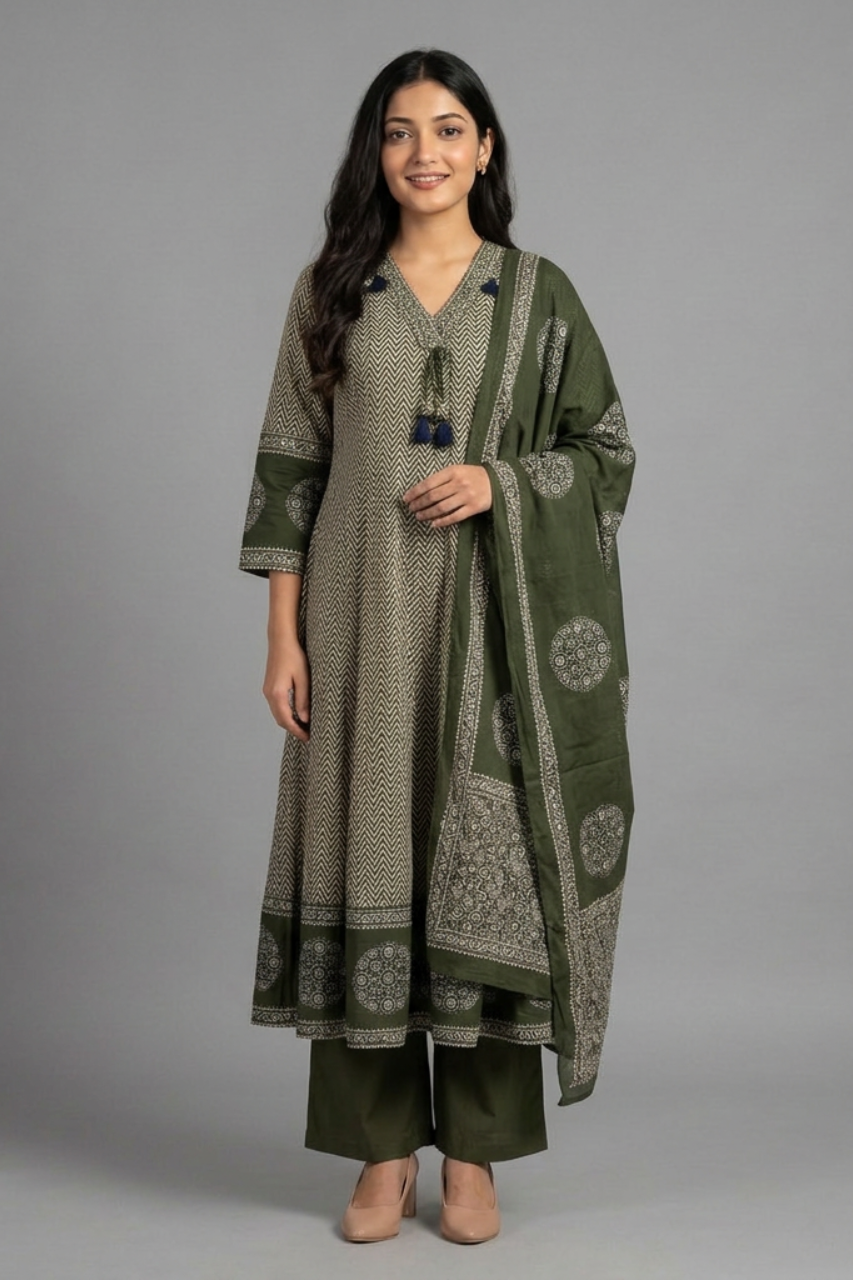 Elegant Cotton Anarkali with Zigzag Print & Green Dupatta
