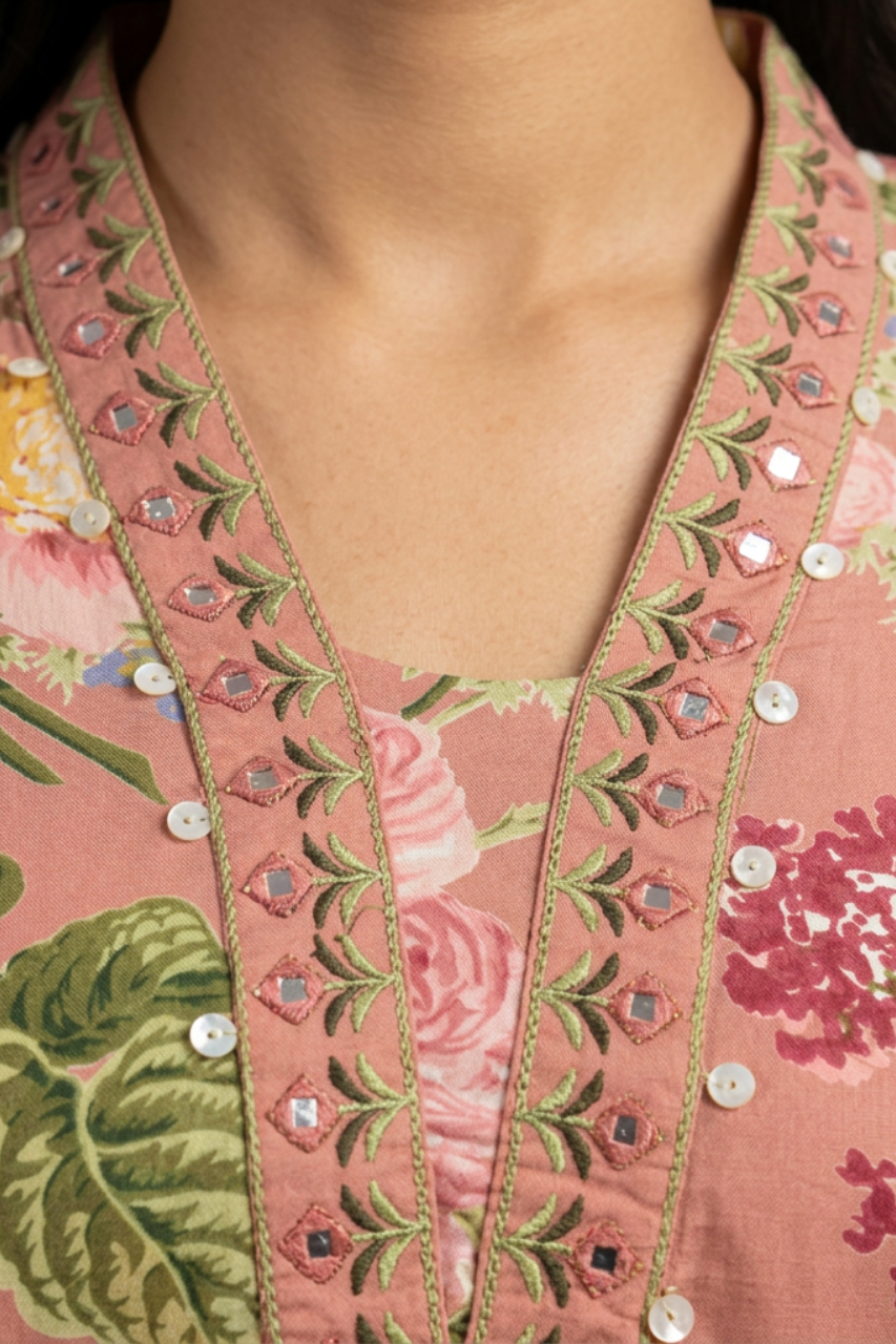 Dusty Rose Floral Cotton Kurta Set