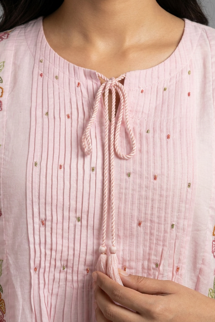 Elegant Baby Pink A-Line Pintuck Cotton Suit