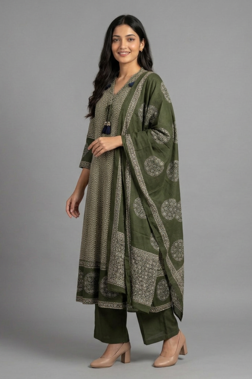 Elegant Cotton Anarkali with Zigzag Print & Green Dupatta