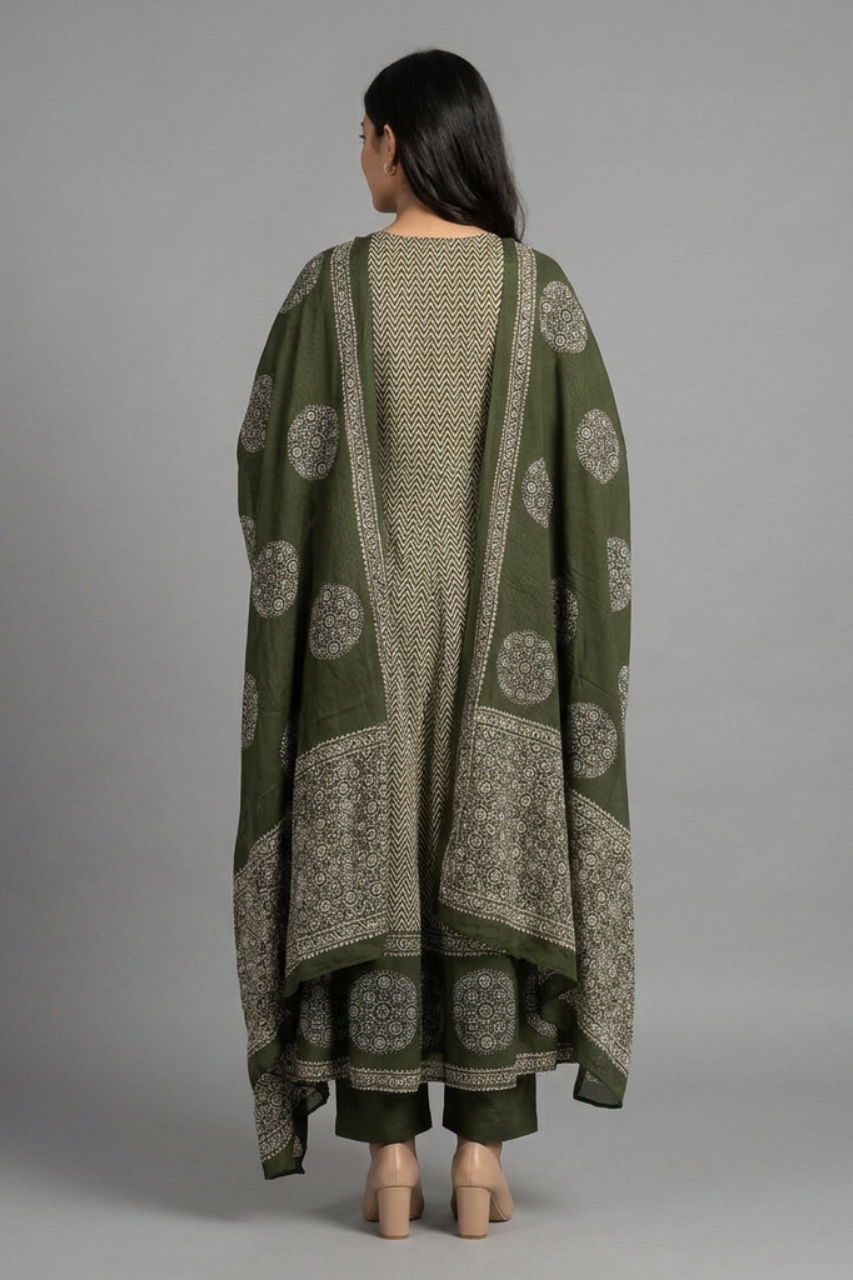 Elegant Cotton Anarkali with Zigzag Print & Green Dupatta