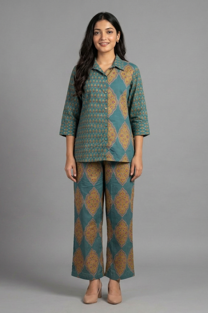 Teal Printed Cotton Co-ord Set