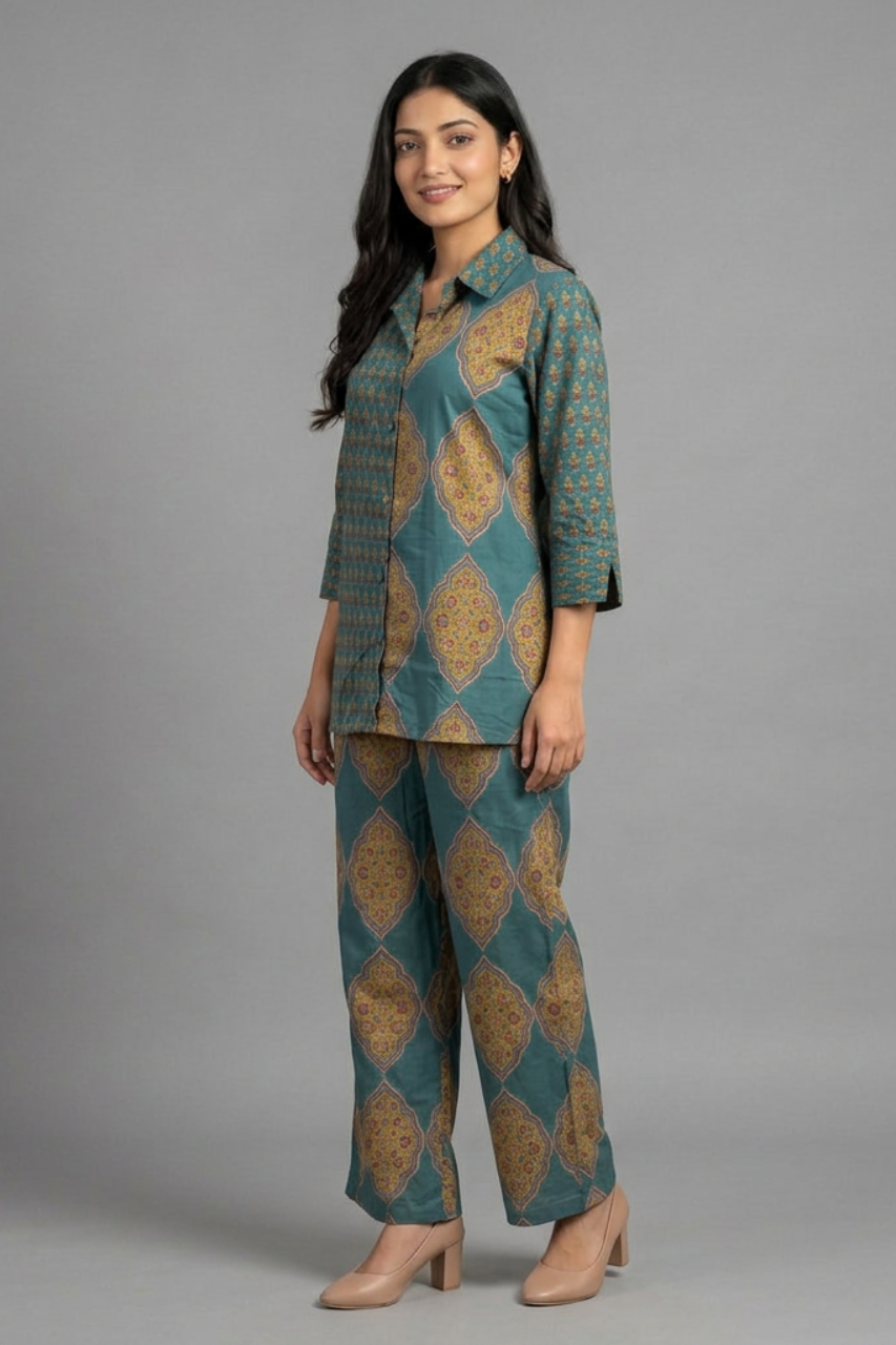 Teal Printed Cotton Co-ord Set