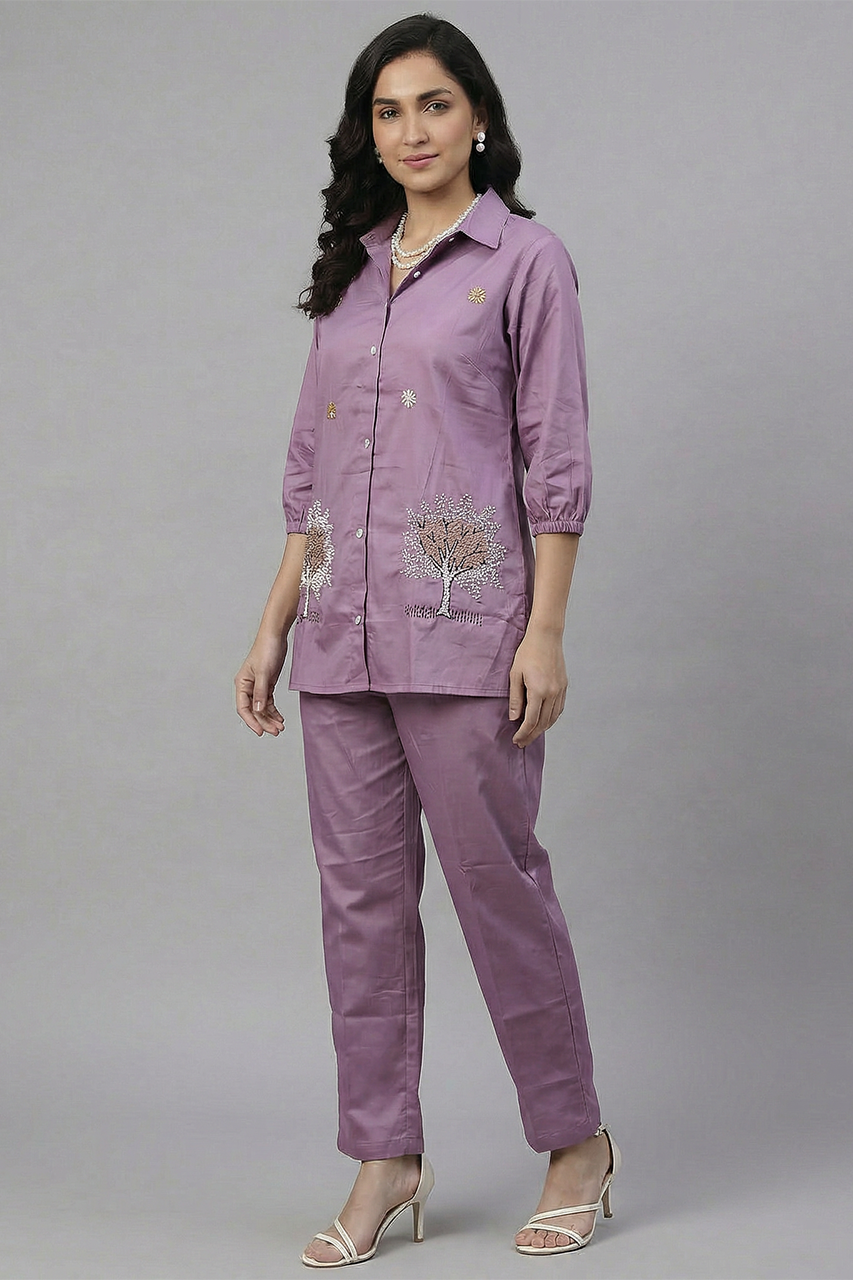Purple Cotton Silk Knot-Work Coord Set