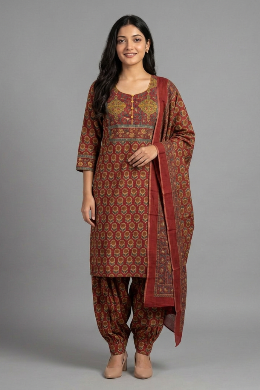 Elegant Red Printed Cotton Suit with Afghan Salwar