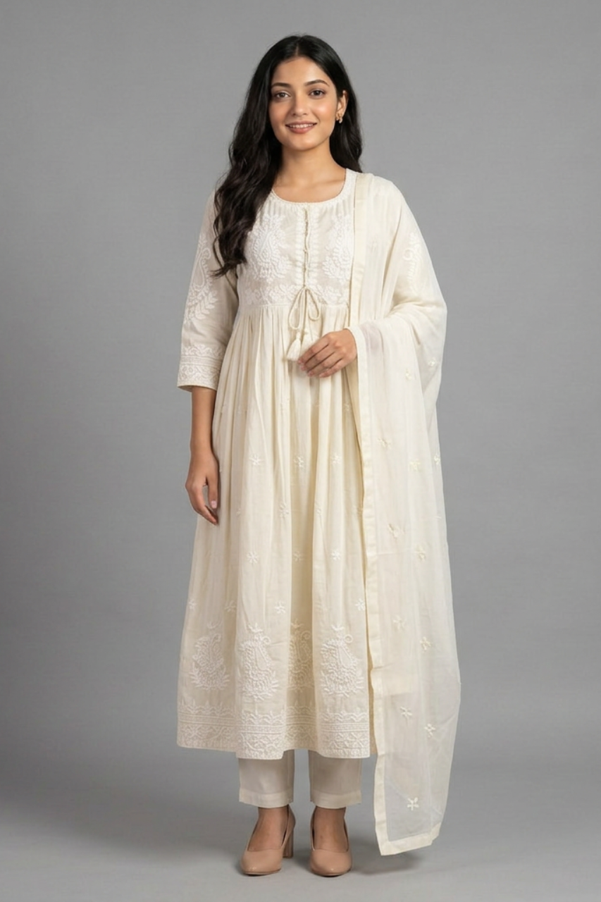 Elegant  Chikankari Cotton Flared Suit Set