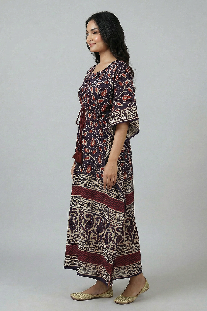 Purple Hand Block Print Pure Cotton Kaftan