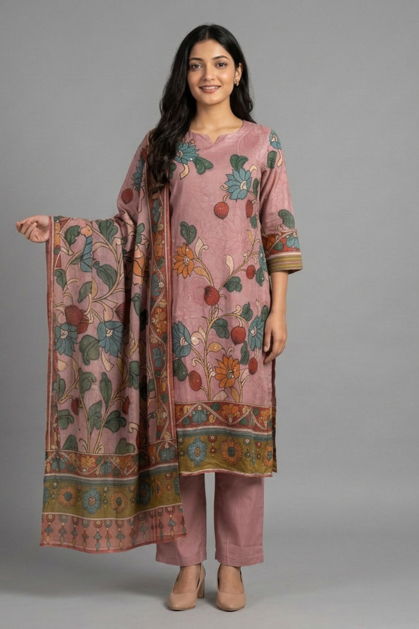 Elegant Light Onion Cotton Suit Set with Hand Print Design