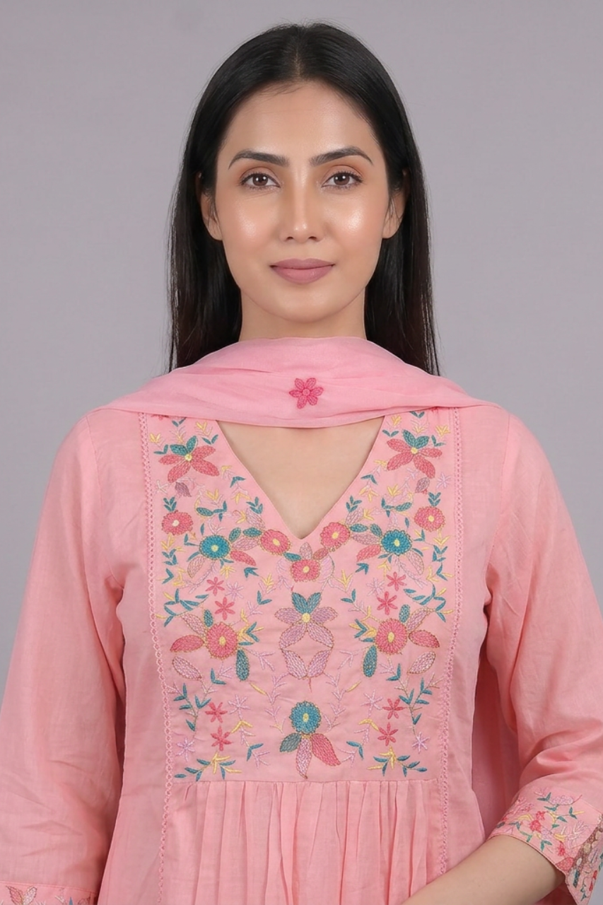 Pure Mul Chanderi Kurti Set with Elegant Machine Work