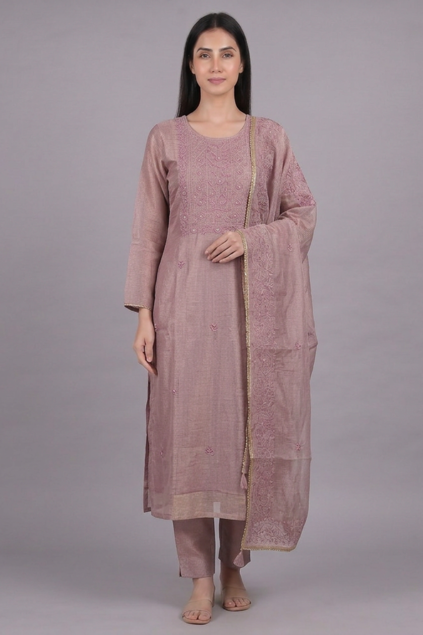 Elegant Tissue Kota Doriya Kurti Set with Thread Work