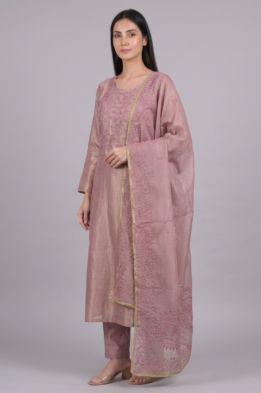 Elegant Tissue Kota Doriya Kurti Set with Thread Work