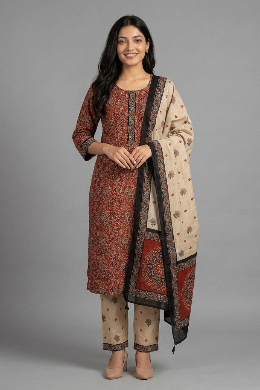 Elegant Kalamkari Printed Cotton Suit Set
