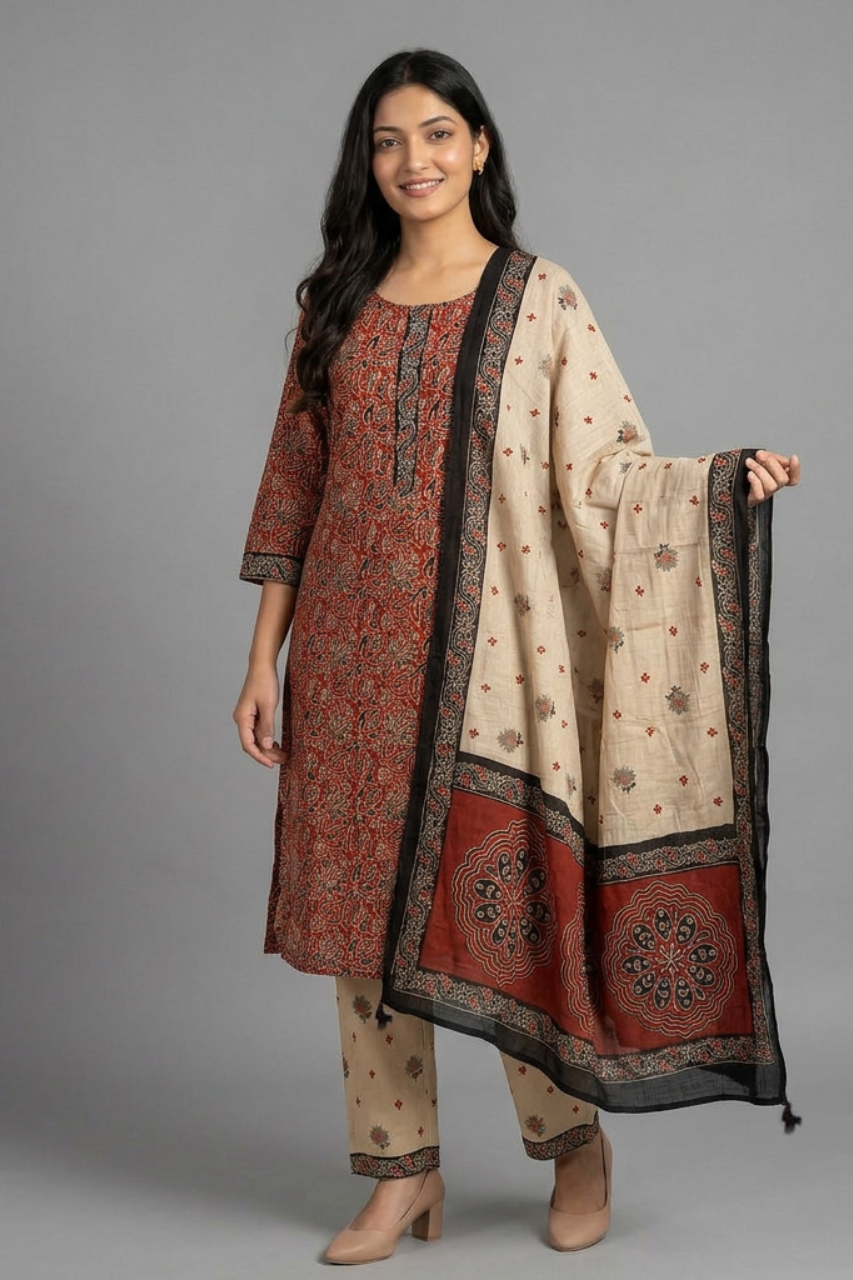 Elegant Kalamkari Printed Cotton Suit Set