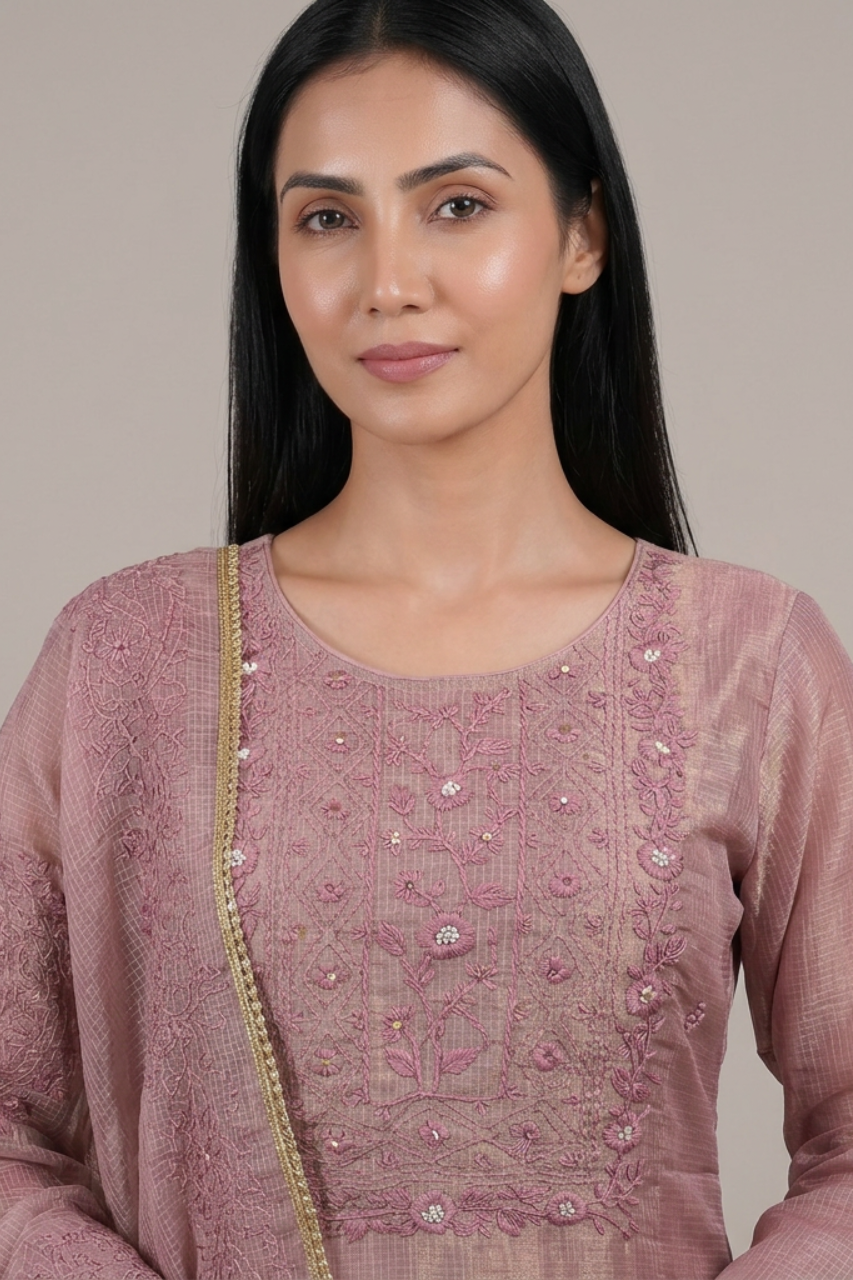 Elegant Tissue Kota Doriya Kurti Set with Thread Work