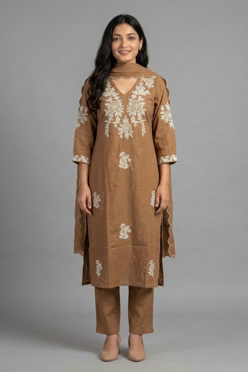Pure Cotton Kurti Set with Pant & Dupatta and Elegant Machine Work