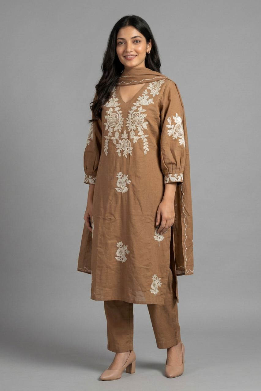 Pure Cotton Kurti Set with Pant & Dupatta and Elegant Machine Work