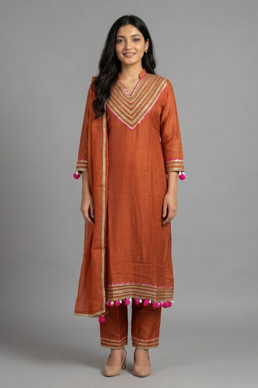 Pure Cotton Kurti Set with Pant & Dupatta and Elegant Gota Patti Neckline