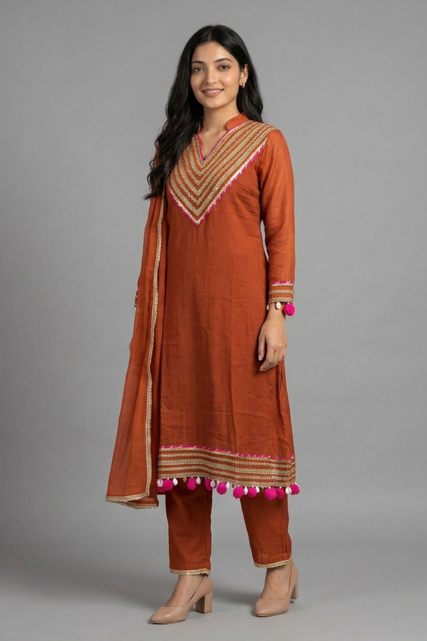 Pure Cotton Kurti Set with Pant & Dupatta and Elegant Gota Patti Neckline