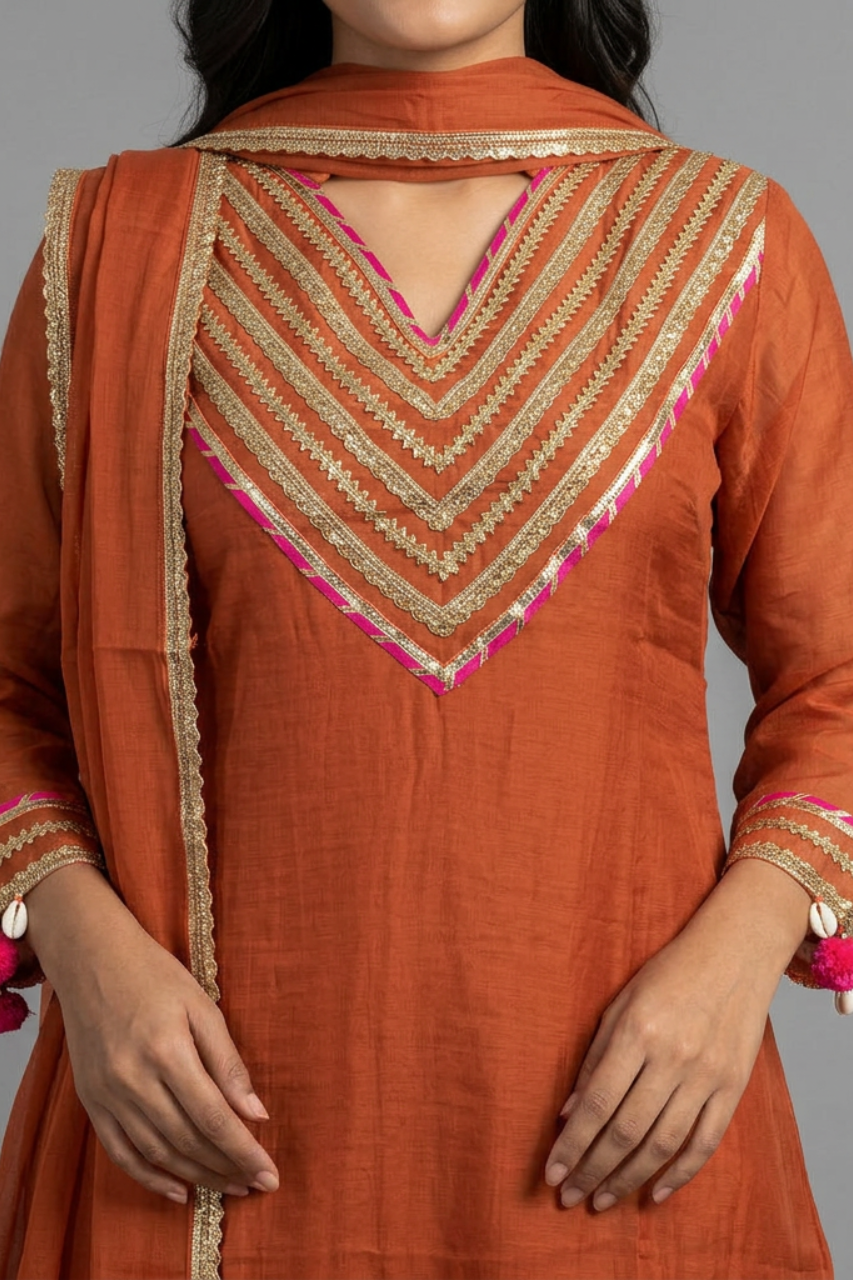 Pure Cotton Kurti Set with Pant & Dupatta and Elegant Gota Patti Neckline