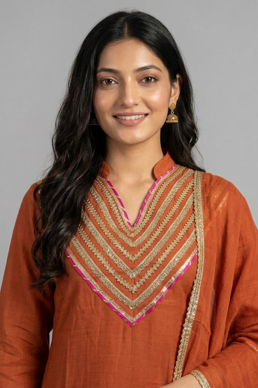Pure Cotton Kurti Set with Pant & Dupatta and Elegant Gota Patti Neckline