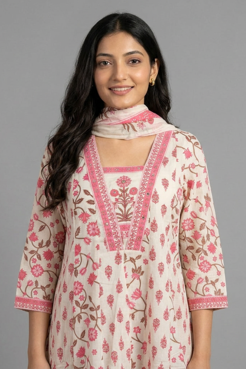 Pure Cotton Printed Kurti Set with Pant & Dupatta