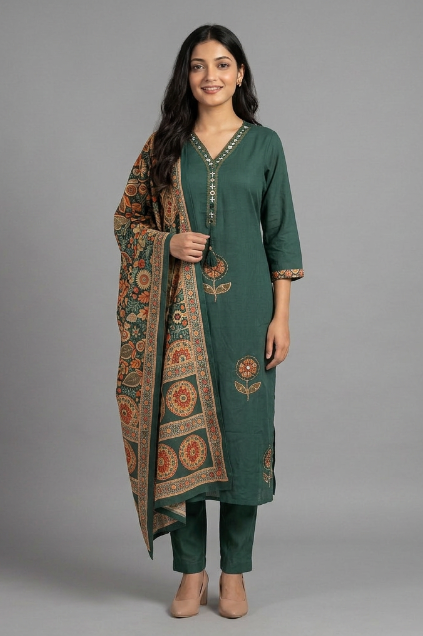 Pure Cotton Kurti Pant Set with Printed Dupatta