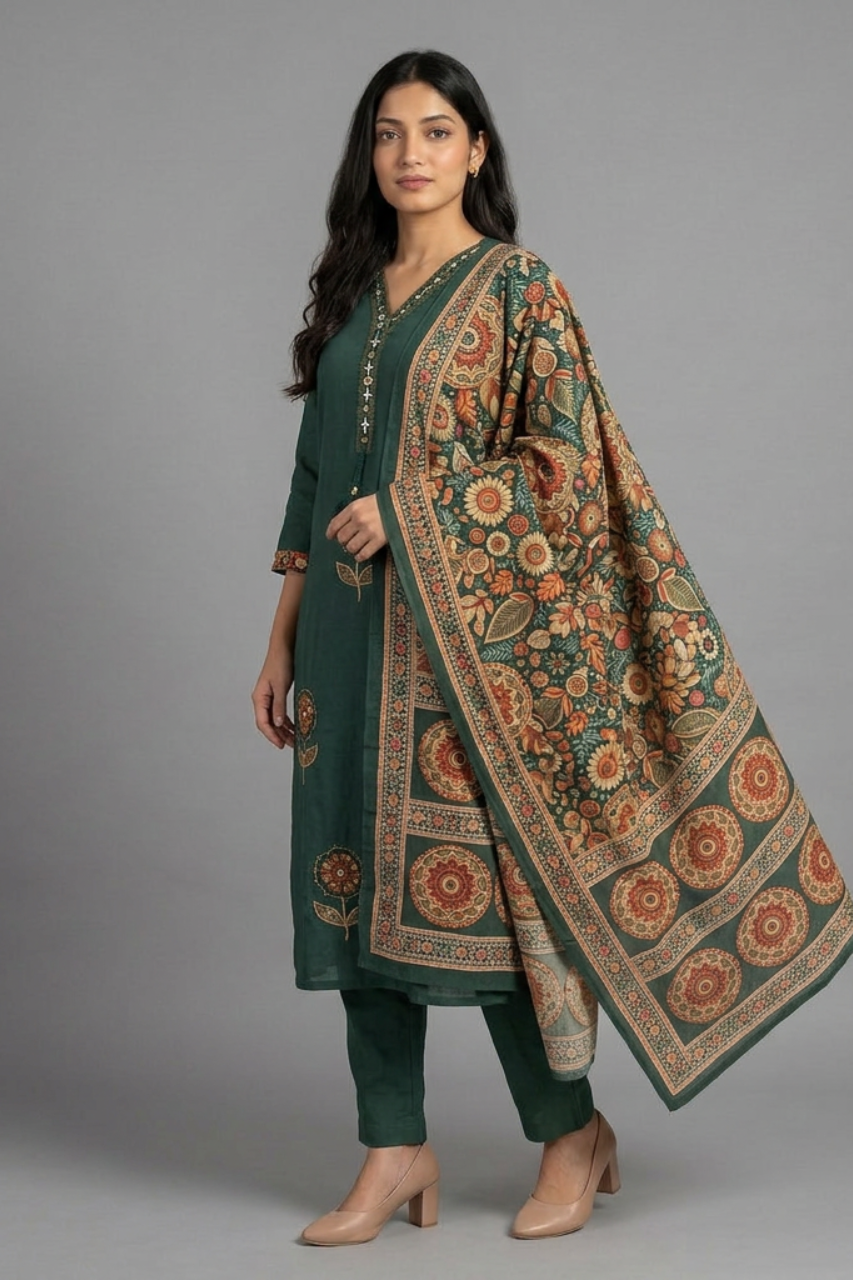 Pure Cotton Kurti Pant Set with Printed Dupatta