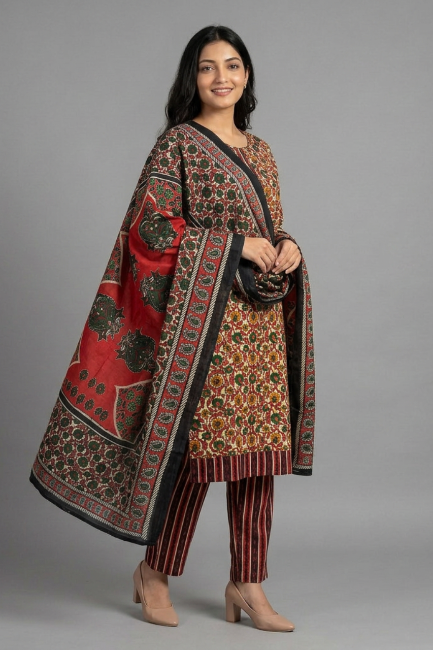 Elegant Red Printed Cotton Suit Set