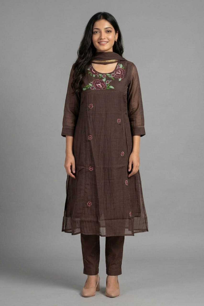 Pure Mul Chanderi Kurti & Pant Set with Sequin Work