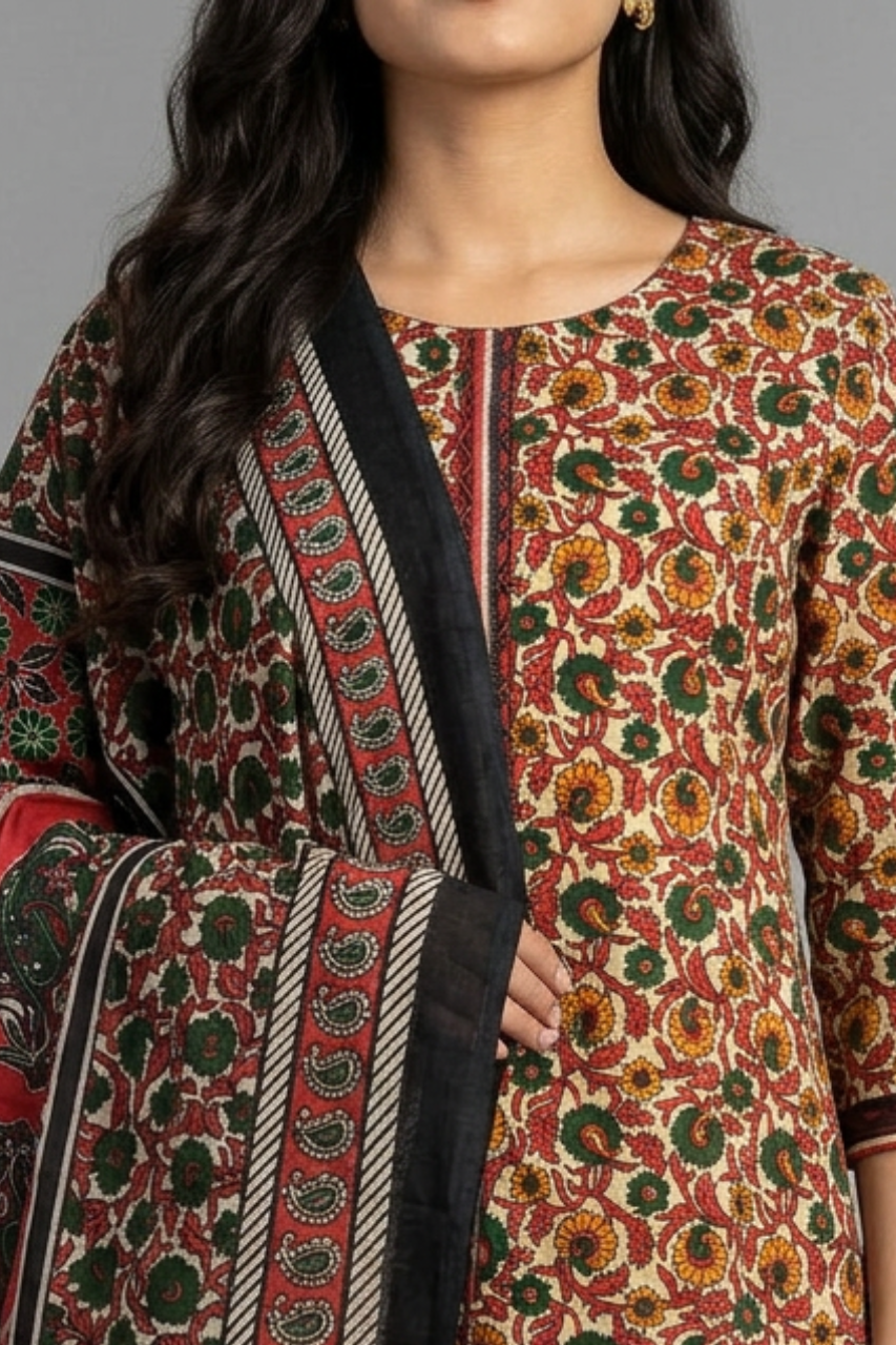 Elegant Red Printed Cotton Suit Set
