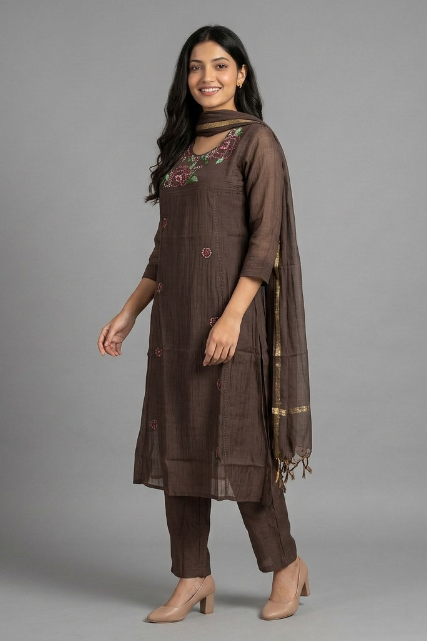 Pure Mul Chanderi Kurti & Pant Set with Sequin Work