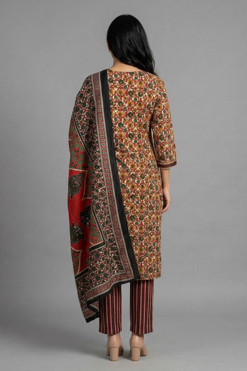 Elegant Red Printed Cotton Suit Set