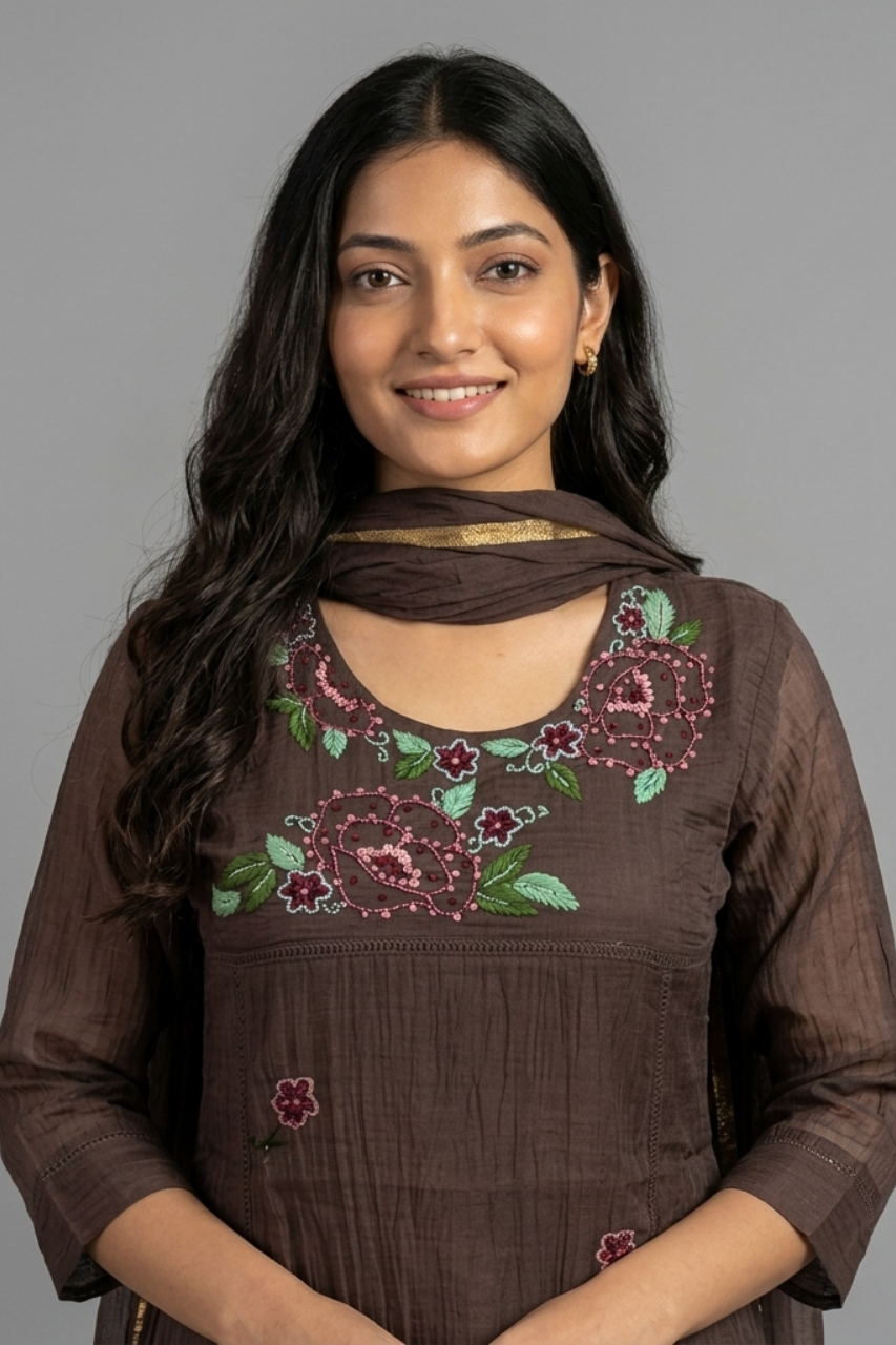 Pure Mul Chanderi Kurti & Pant Set with Sequin Work