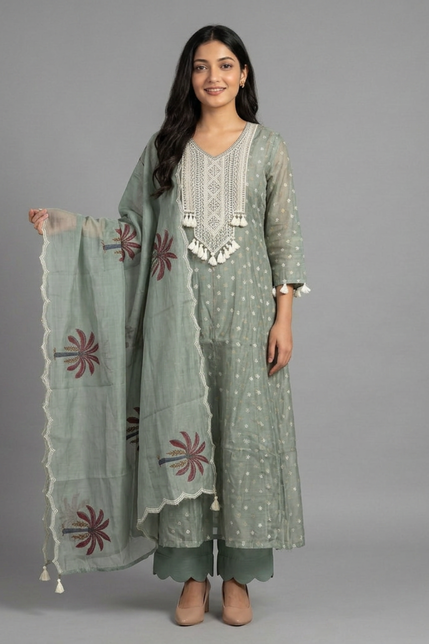 Sage Green Chanderi Crochet Kurta Set with Hand-Printed Dupatta