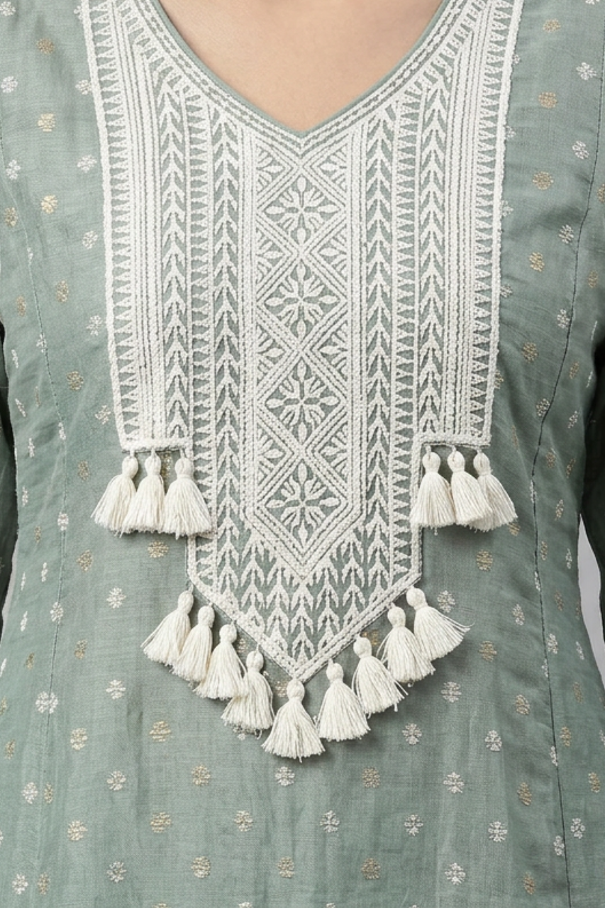 Sage Green Chanderi Crochet Kurta Set with Hand-Printed Dupatta