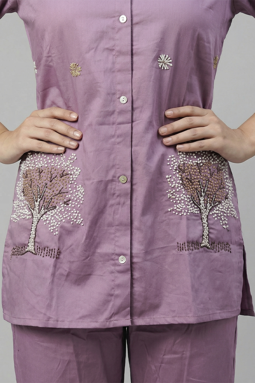 Purple Cotton Silk Knot-Work Coord Set
