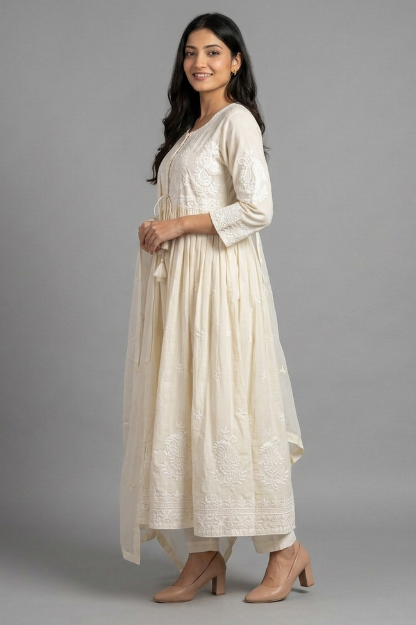 Elegant  Chikankari Cotton Flared Suit Set