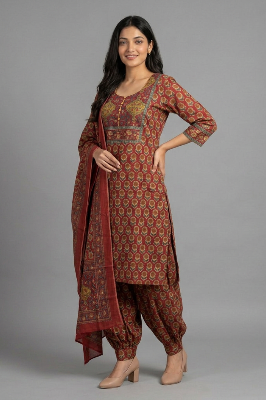 Elegant Red Printed Cotton Suit with Afghan Salwar