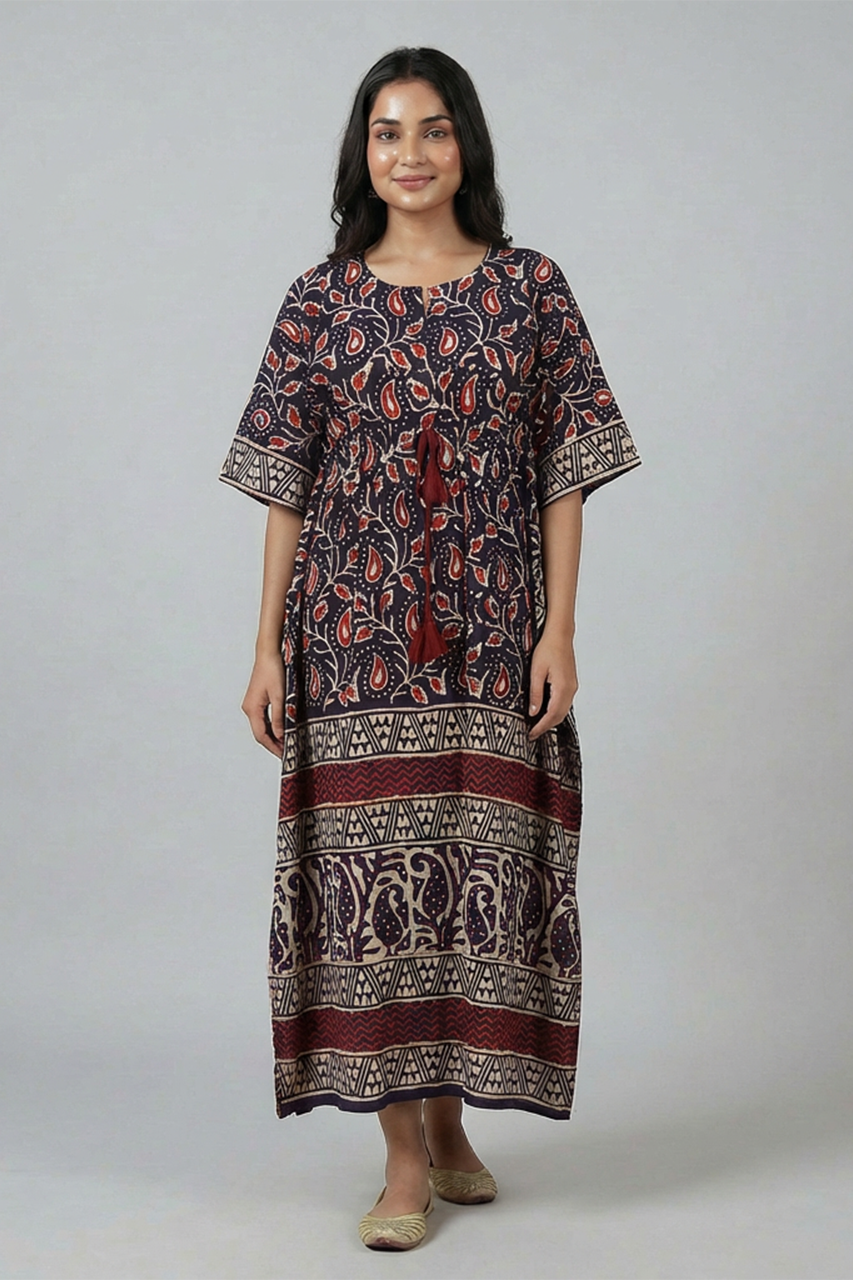 Purple Hand Block Print Pure Cotton Kaftan