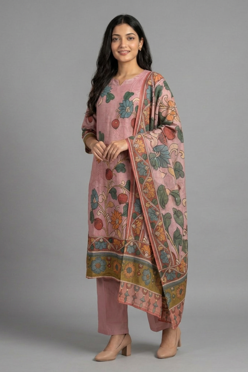 Elegant Light Onion Cotton Suit Set with Hand Print Design