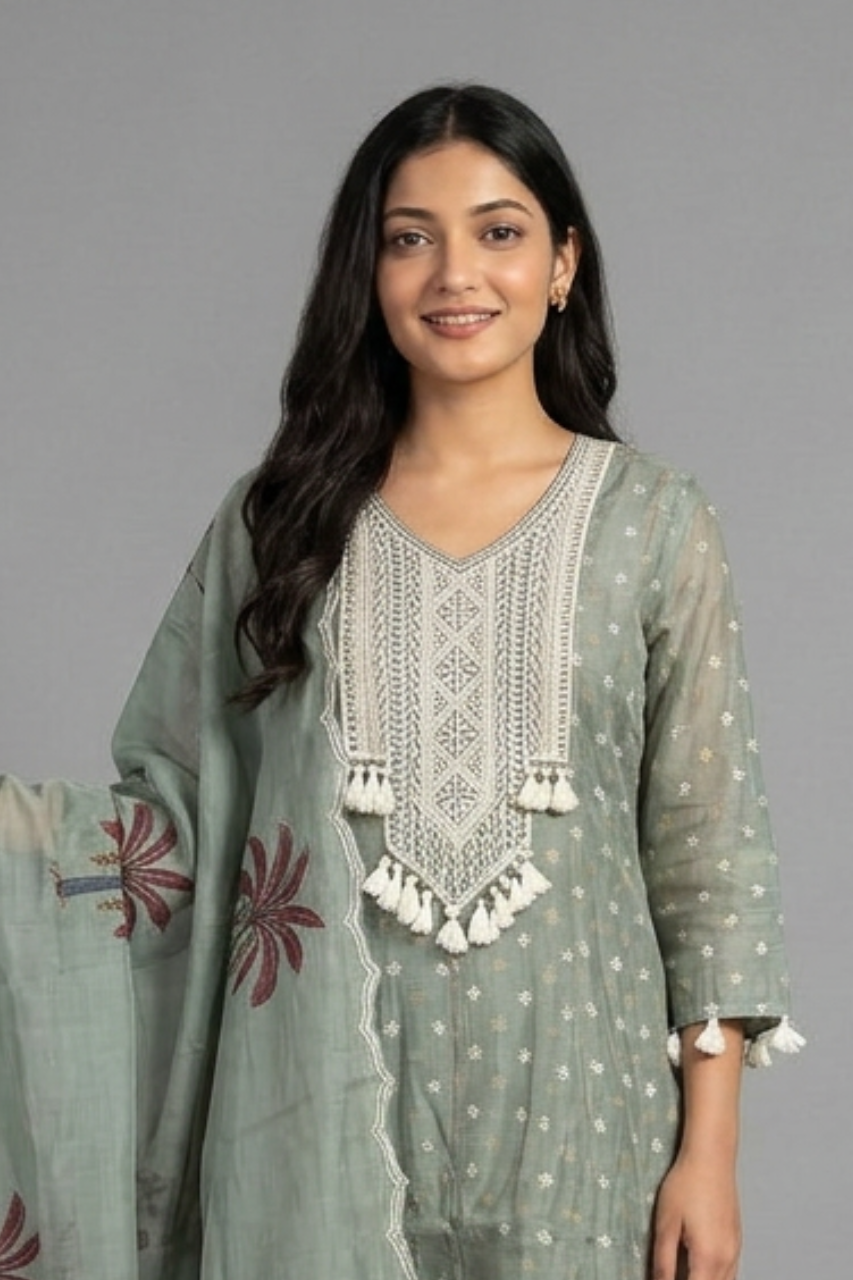 Sage Green Chanderi Crochet Kurta Set with Hand-Printed Dupatta