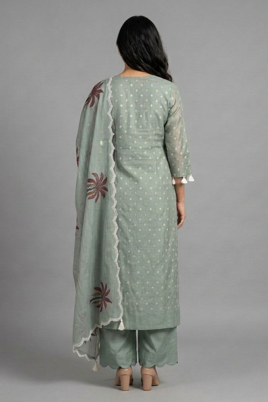 Sage Green Chanderi Crochet Kurta Set with Hand-Printed Dupatta