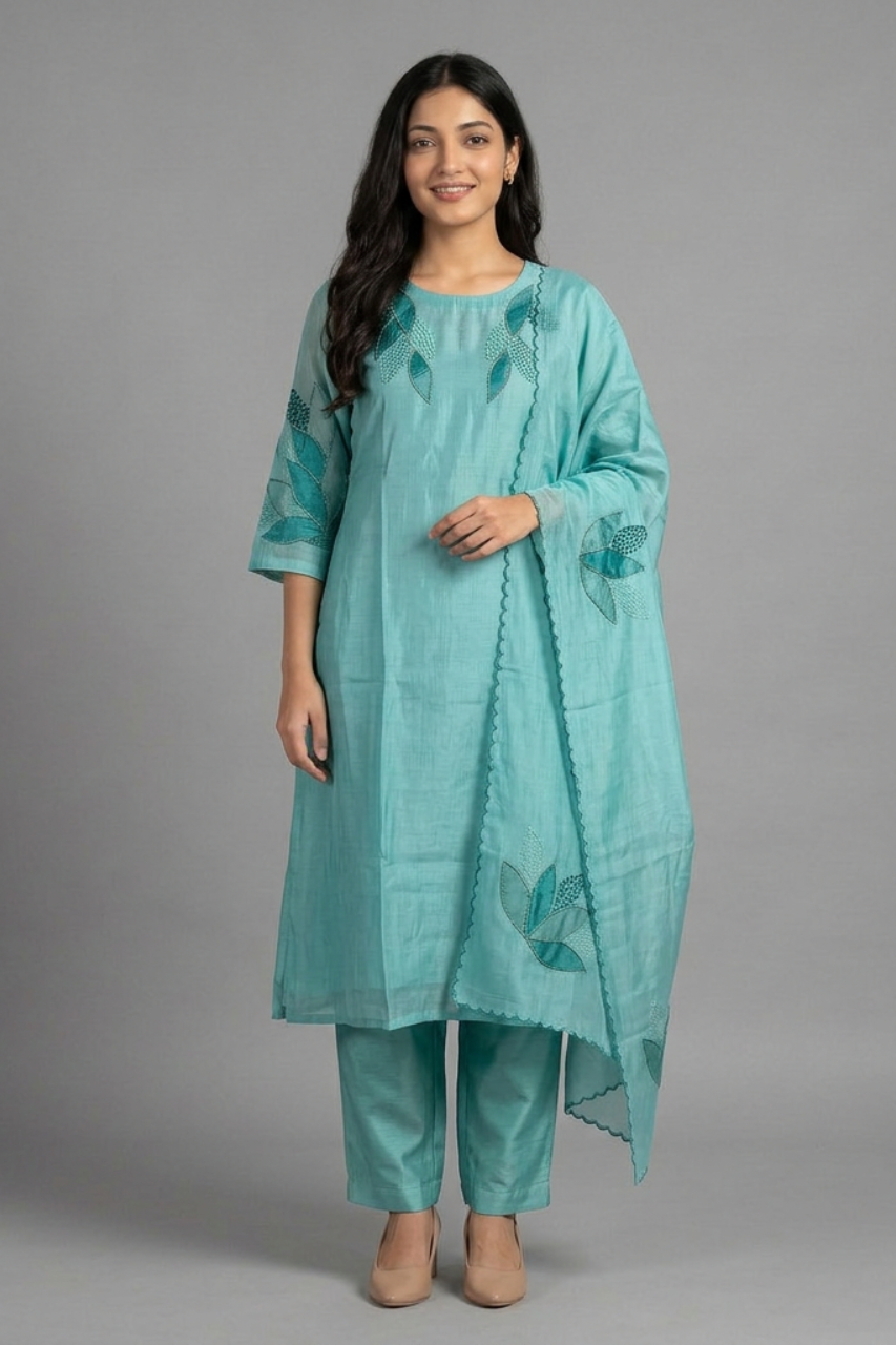 Sky Blue Chanderi Patch & Thread Work Kurta Set with Chanderi Dupatta